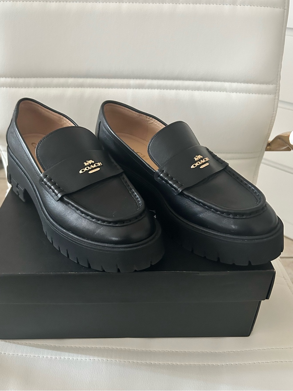 Coach Black Leather Lug Sole Penny Loafers with Gold Logo